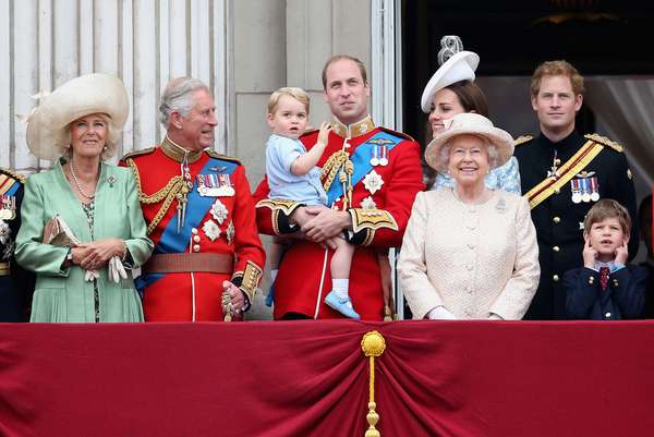 The British Royal Family watching the annual event of  Trooping the Colour -- also called the Queen&#39;s Birthday Parade on June 13, 2015.  On the Buckingham Palace balcony: L-R: Camilla, Duchess of Cornwall, Prince Charles, Prince of Wales, Prince George of Cambridge,Prince William, Duke of Cambridge, Catherine, Duchess of Cambridge, Queen Elizabeth II, Prince Harry and James, Viscount Severn