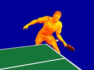 Study how the table tennis player imparts topspin by brushing the ball's upper half with a closed racket face
