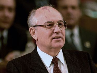 General Secretary of the Communist Party of the Soviet Union Central Committee Mikhail Gorbachev speaking at the 20th Congress of the VLKSM. Kremlin Palace of Congresses.
