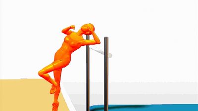 Examine how the athlete takes a running jump to attain maximum height over the vertical crossbar