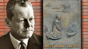 View West German Chancellor Willy Brandt's visit to Poland where he signed the Treaty of Warsaw and his historic visit to the Warsaw Ghetto memorial, 1970